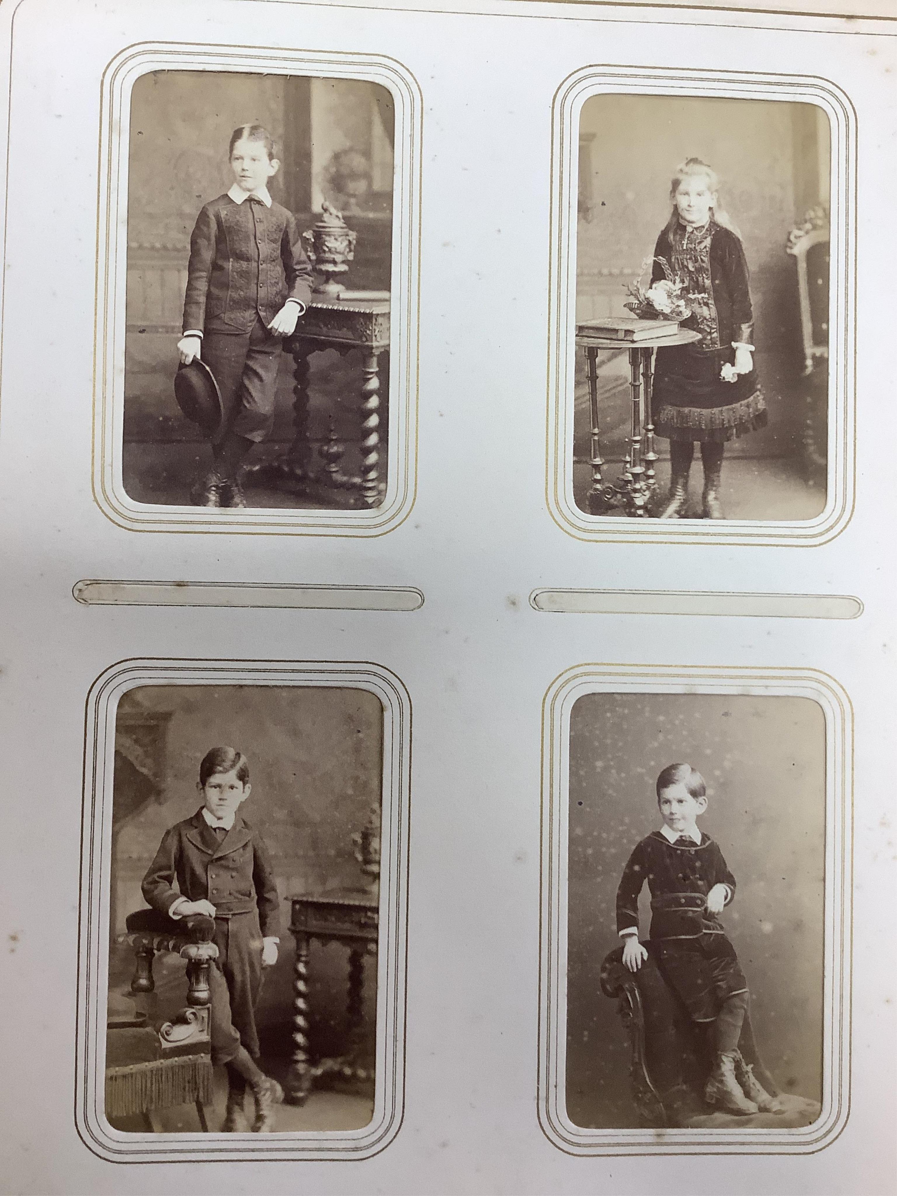 A Victorian malachite mounted amboyna family photograph album, 23cm x 30cm